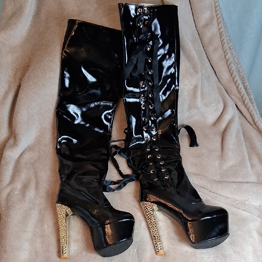 Black and Gold Women's Thigh-High Boots